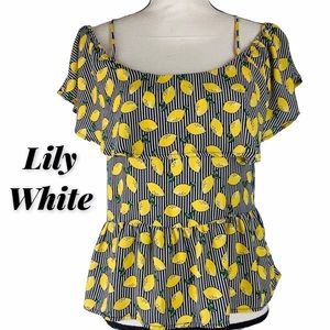 Lily White Lemon Print Cold Shoulder Peplum Top Size M